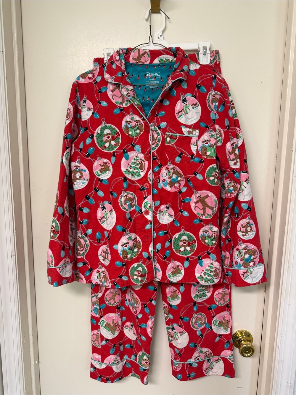 Rare Nick & Nora Red Flannel Pajama Set with Sock Monkey Holiday Ornaments Sz S